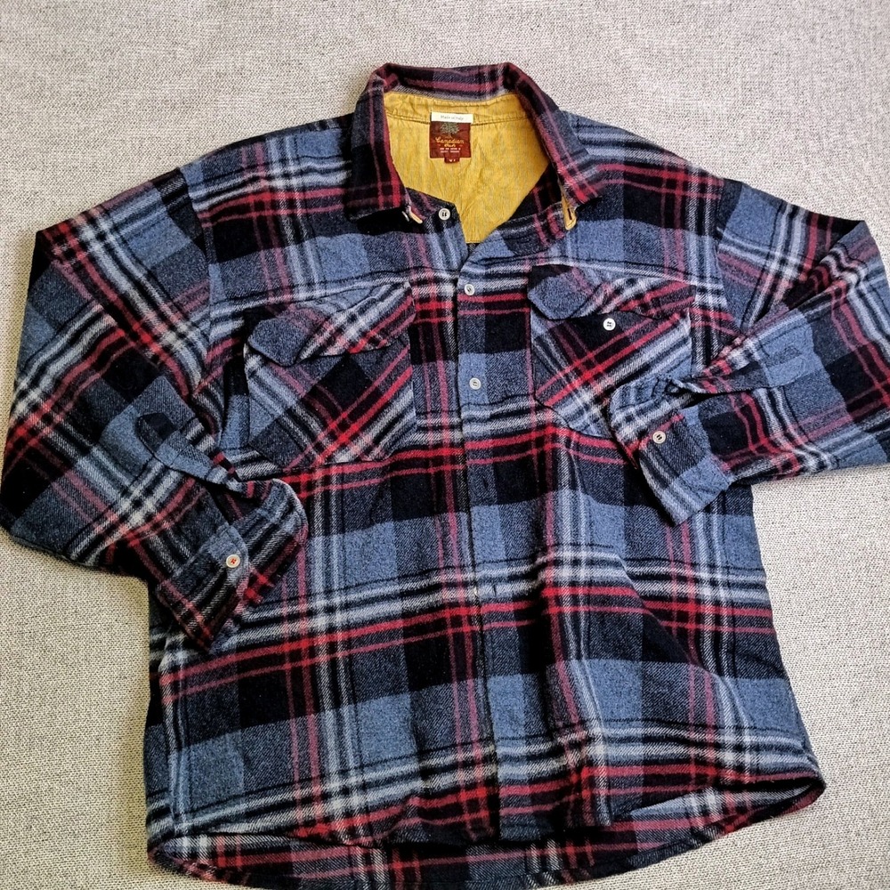 Canadian Oak Flannel Shirt Mens XL Blue Red Plaid Excellent Corduroy Trim Italy